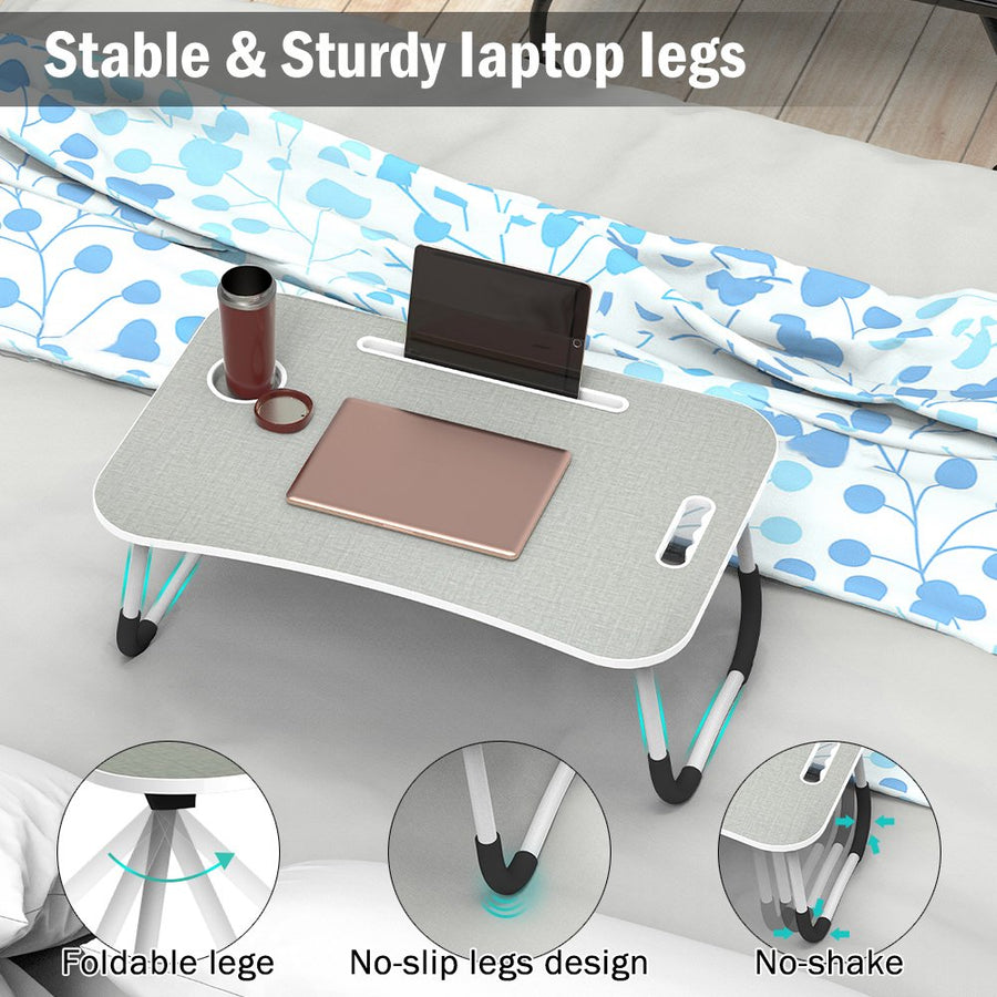 Fold Laptop Desk for Bed, Portable Laptop Bed Tray with Legs, Small Lazy Laptop Bed Tray with iPad Slots, Gray Laptop Table for Adults/Students/Kids, Eating Working Desk for Couch/Sofa/Floor, L