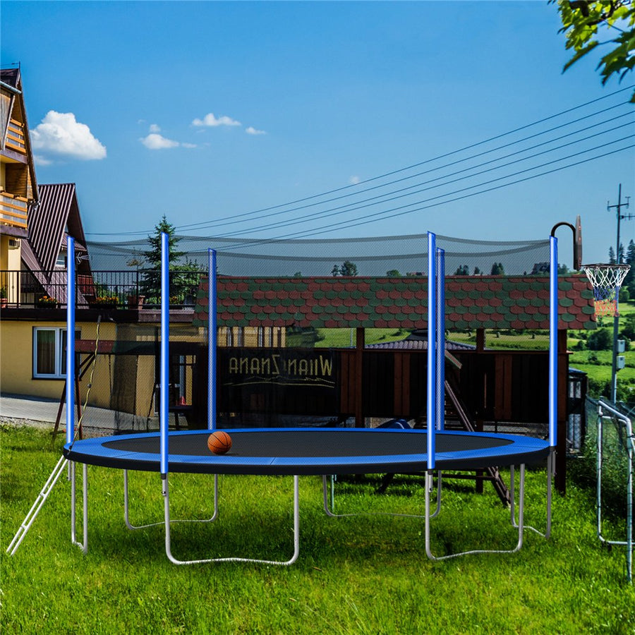 Trampoline with Enclosure on Clearance, New Upgraded 14-Feet Kids Outdoor Trampoline with Basketball Hoop and Ladder, Heavy-Duty Round Trampoline for Indoor or Outdoor Backyard, Blue, Holds 264lbs, L