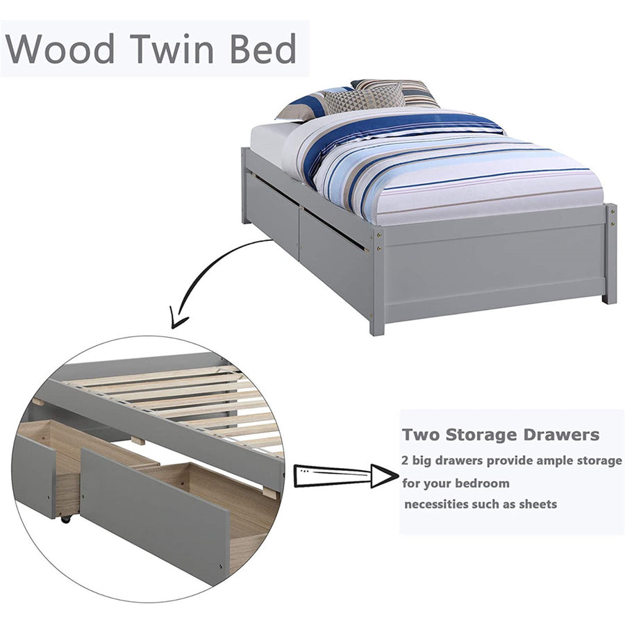 Wood Platform Bed Frame with Storage, Twin Size Bed Frame for Girls Boys, SEGMART Classic Twin Bed Frame with Drawers/Wood Slat Support, Kids Twin Bed Frame No Box Spring Needed, Grey, H696