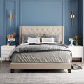 Upholstered Platform Queen Bed Frame, Beige Button Tufted Platform Queen Bed Frame with Headboard, Linen Fabric Bed Frame with Wood Slat Support, Box Spring Needed, Easy Assembly, 500lbs, Beige, SS31