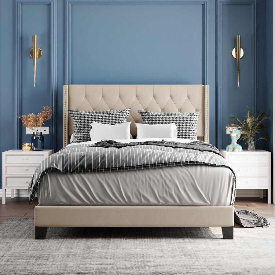 Upholstered Platform Queen Bed Frame, Beige Button Tufted Platform Queen Bed Frame with Headboard, Linen Fabric Bed Frame with Wood Slat Support, Box Spring Needed, Easy Assembly, 500lbs, Beige, SS31