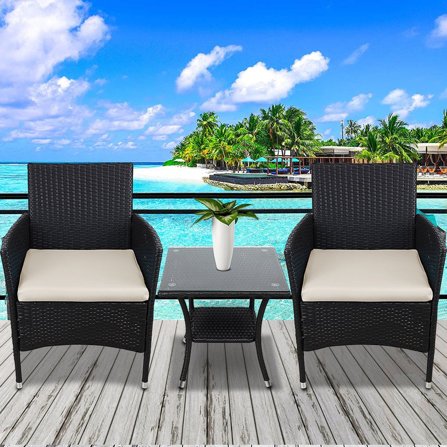 Patio Furniture Sets Clearance, 3 Piece Wicker Patio Set with Glass Dining Table, Modern Bistro Patio Set Rattan Chair Conversation Sets with Coffee Table for Backyard, Porch, Garden, Poolside, L3091