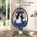 Outdoor Swinging Egg Chair, Patio Wicker Hanging Chairs with Stand, UV Resistant Hammock Chair with Comfortable Navy Blue Cushion, Durable Indoor Swing Egg Chair for Garden, Backyard, L3951