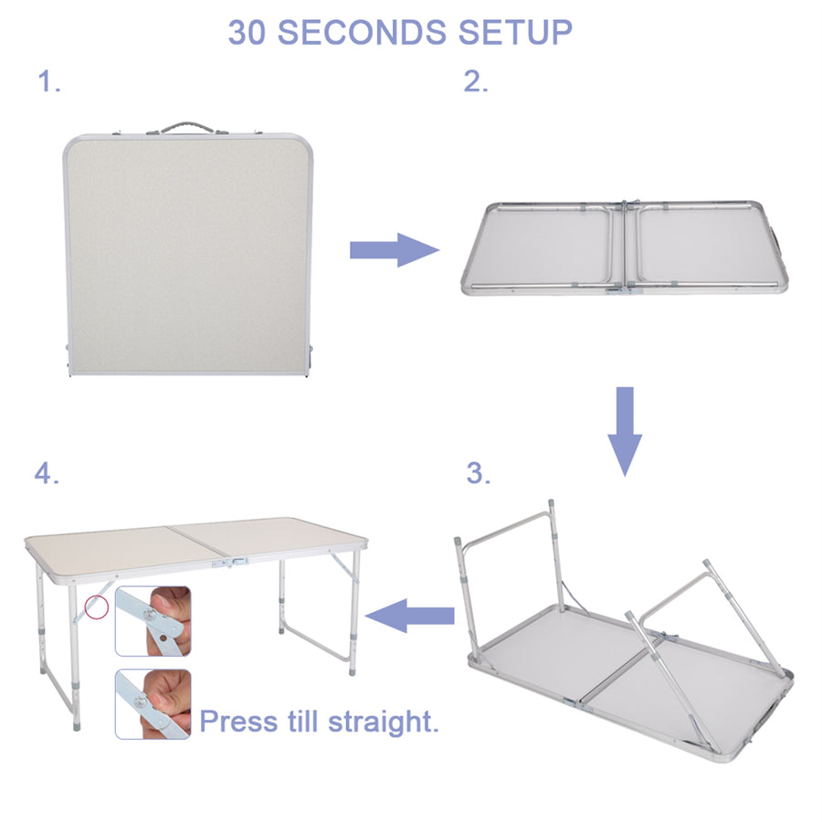 4FT Aluminum Alloy Folding Table, Indoor Outdoor Portable Foldable Plastic Dining Table, Lightweight Rectangular Table with Adjustable Height & Carrying Handle for Party Picnic Beach Camping, B280