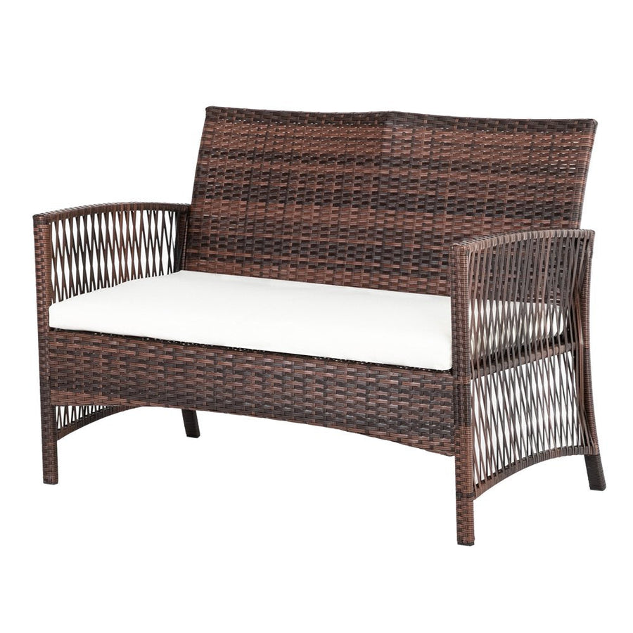 Wicker Patio Sets, 4 Piece Outdoor Conversation Set with Glass Dining Table, Loveseat & 2 Cushioned Chairs, Brown Patio Furniture Sets with Coffee Table for Yard, Porch, Garden, Poolside, L