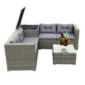 Rattan Wicker Patio Furniture, 4 Piece Outdoor Conversation Set with Storage Ottoman, All-Weather Grey Sectional Sofa Set with Cushions and Table for Backyard, Porch, Garden, Poolside, L4537