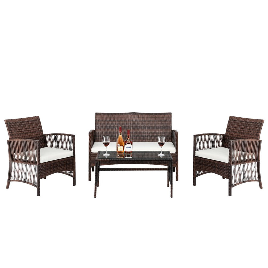 Wicker Chair Set, Upgrade Outdoor Patio Furniture Set, 4 Piece Wicker Patio Set with Coffee Table, Loveseat & 2 Cushioned Chairs, Brown Conversation Set with Coffee Table for Yard, Porch, Pool, L