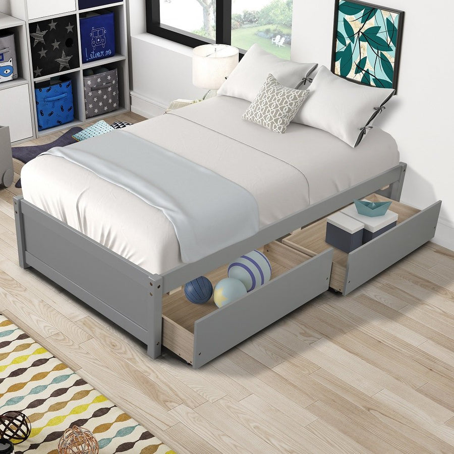 Wood Platform Bed Frame with Storage, Twin Size Bed Frame for Girls Boys, SEGMART Classic Twin Bed Frame with Drawers/Wood Slat Support, Kids Twin Bed Frame No Box Spring Needed, Grey, H696