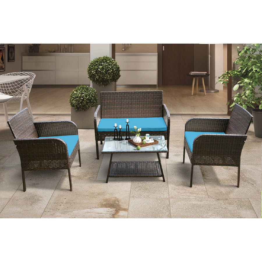 4 Piece Wicker Patio Set, Outdoor Patio Furniture Sets with Glass Dining Table, Loveseat & 2 Cushioned Chairs, Modern Conversation Sets with Coffee Table for Backyard, Porch, Garden, Poolside, L4636