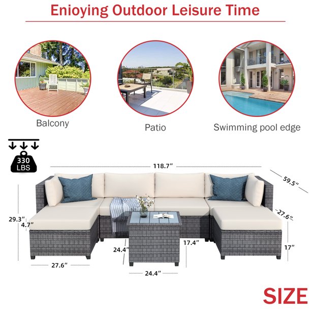 SEGMART 7 Piece Outdoor Bistro Wicker Sectional Conversation Sets, 2 Ottomans for Living Room, Porch, Backyard, 330lbs, S8354