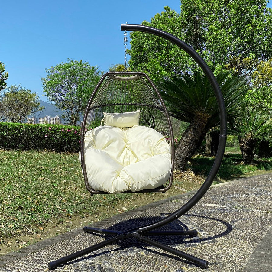 Outdoor Swinging Egg Chair, Patio Wicker Hanging Chairs with Stand, UV Resistant Hammock Chair with Comfortable Beige Cushion, Durable Indoor Swing Egg Chair for Garden, Backyard, 250lbs, L3958