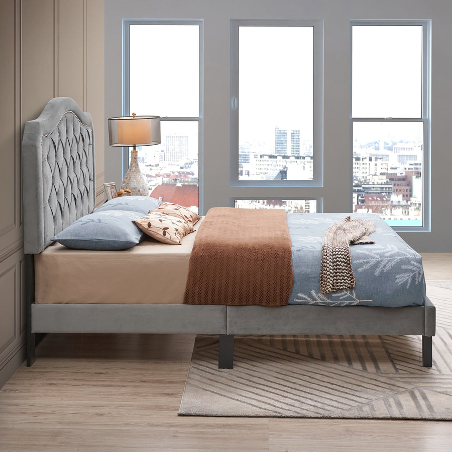 Bed Frame, Queen Size Velvet Tufted Upholstered Platform Bed with Headboard, 600lbs Capacity Bed Frame Furniture with Wood Slat Support, Modern Mattress Foundation for Adult, Grey, SS785