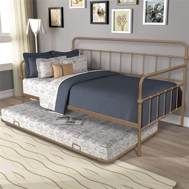 Twin Metal Trundle Bed Frame, SEGMART Twin Trundle Beds with Trundle Included, Daybed & Trundle with Metal Slat Support, Twin Daybed for Adults Kids Teens, Bed Frame No Box Spring Needed, Brass, H533