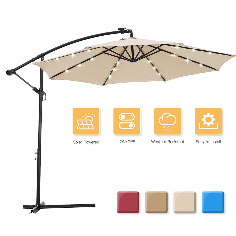 Outdoor Umbrella with Led Lights, 10FT Solar LED Offset Patio Umbrella, Hanging Cantilever Market Patio Umbrella with Crank, Cross Base, Backyard Offset Umbrella for Garden Pool, L