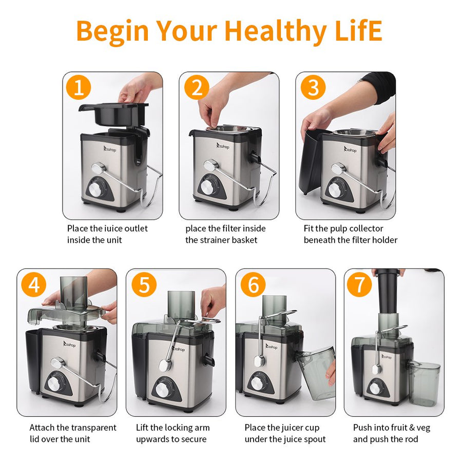 Vegetable Juicer Juice Extractor, SEGMART 600W Orange Juicer Cold Press Juicer Machine, 3 Speed Electric Juicer Wide Mouth, Fruit Juicer with Overheating Protection, Easy Clean, Stainless Steel, H1744