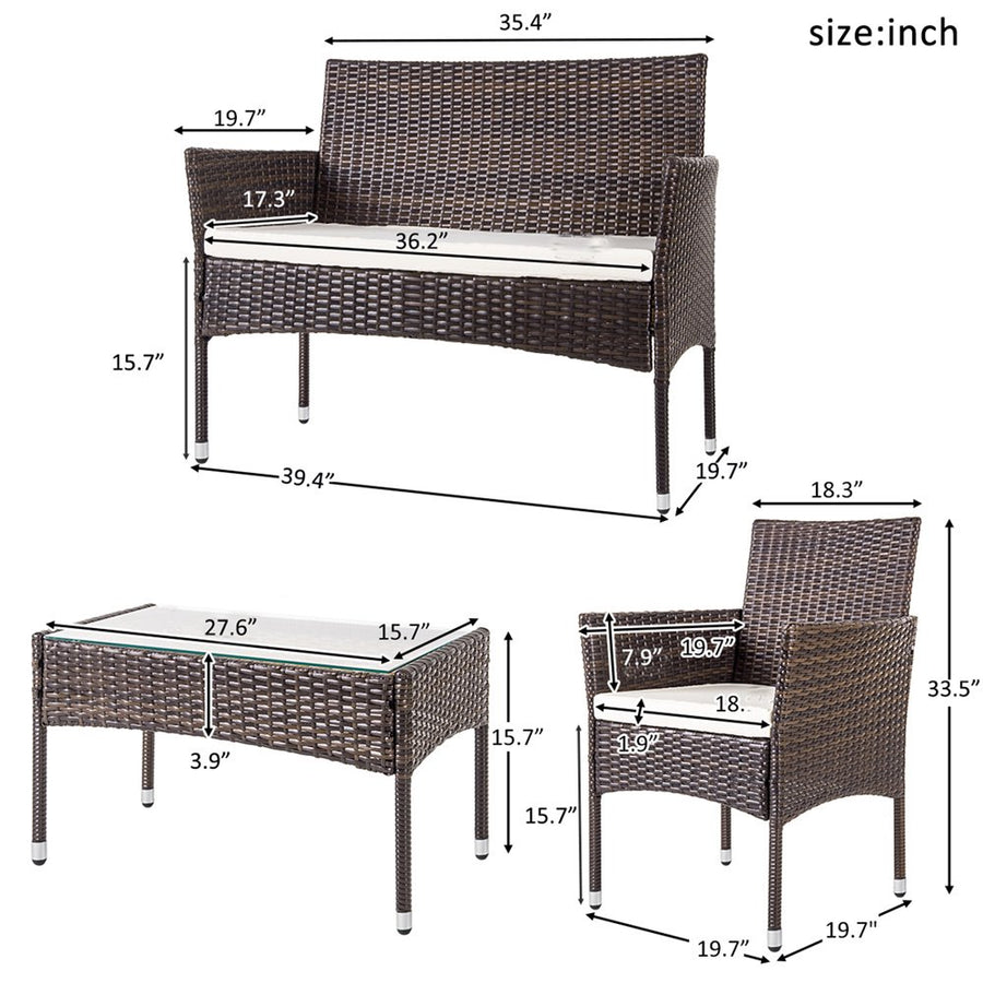 Wicker Patio Sets, 4 Piece Outdoor Conversation Set with Glass Dining Table, Loveseat & 2 Cushioned Chairs, Modern Patio Furniture Sets with Coffee Table for Yard, Porch, Garden, Poolside, L