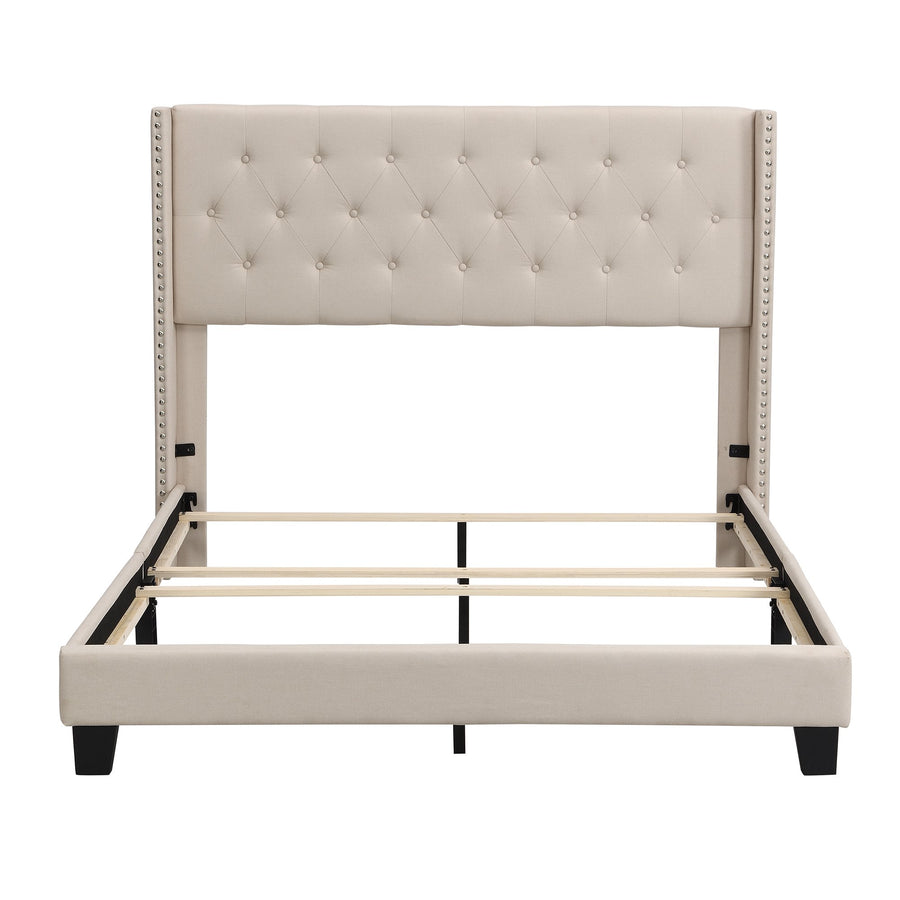 Upholstered Platform Queen Bed Frame, Beige Button Tufted Platform Queen Bed Frame with Headboard, Linen Fabric Bed Frame with Wood Slat Support, Box Spring Needed, Easy Assembly, 500lbs, Beige, SS31