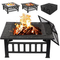 Outdoor Bonfire Pit with Grill Net, 32" Outdoor Square Metal Fire Pit with Cover, Wood Burning BBQ Grill Fire Pit Bowl, Backyard Patio Garden Fire Pit for Camping, Heating, Bonfire, Picnic, LL588