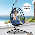 Outdoor Swinging Egg Chair, Patio Wicker Hanging Chairs with Stand, UV Resistant Hammock Chair with Comfortable Navy Blue Cushion, Durable Indoor Swing Egg Chair for Garden, Backyard, L3951