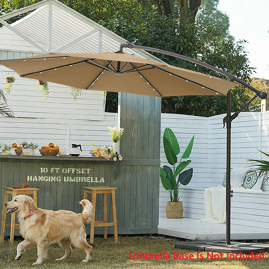 Outdoor Umbrella with Lights, 10FT Solar LED Offset Patio Umbrella, Hanging Cantilever Market Patio Umbrella with Crank, Cross Base, Backyard Offset Umbrella for Garden Pool Deck, L6085