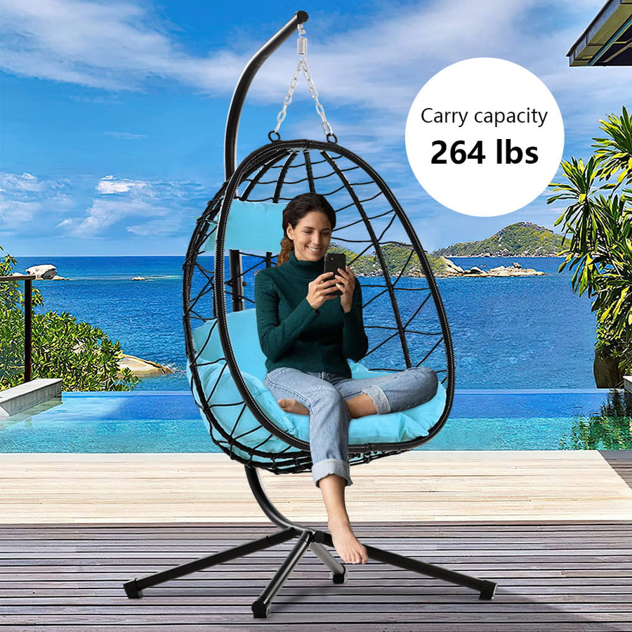 Clearance! Hanging Wicker Egg Chair, Outdoor Patio Hanging Chairs with Stand, UV Resistant Hammock Chair with Comfortable Light Blue Cushion, Durable Indoor Swing Egg Chair for Garden, Backyard, L3938