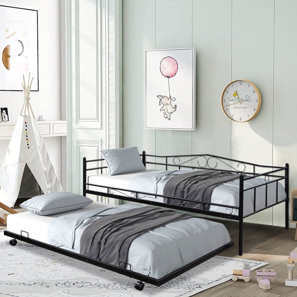 Twin Daybed with Trundle Included, SEGMART Twin Trundle Bed Frame with Metal Slat Support, Trundle Beds for Kids Teens Adults, Daybed for Bedroom Guest Room, Bed Frame No Box Spring Needed, Black