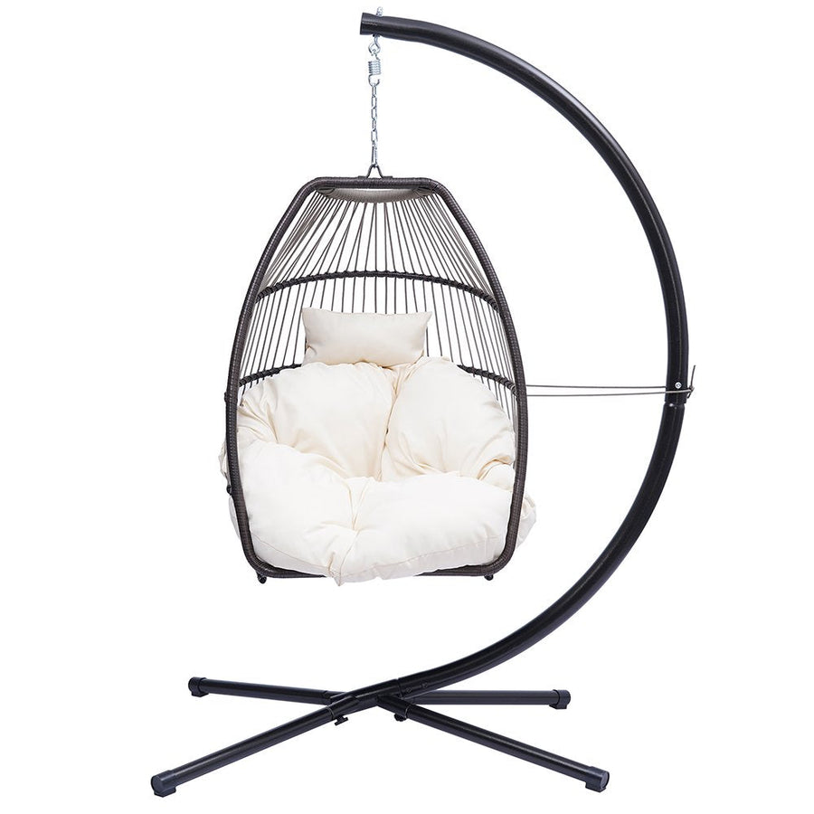 Outdoor Hanging Egg Chair, Patio Wicker Swinging Hanging Chairs with Stand, UV Resistant Hammock Chair with Cushion, 250lbs, S10002