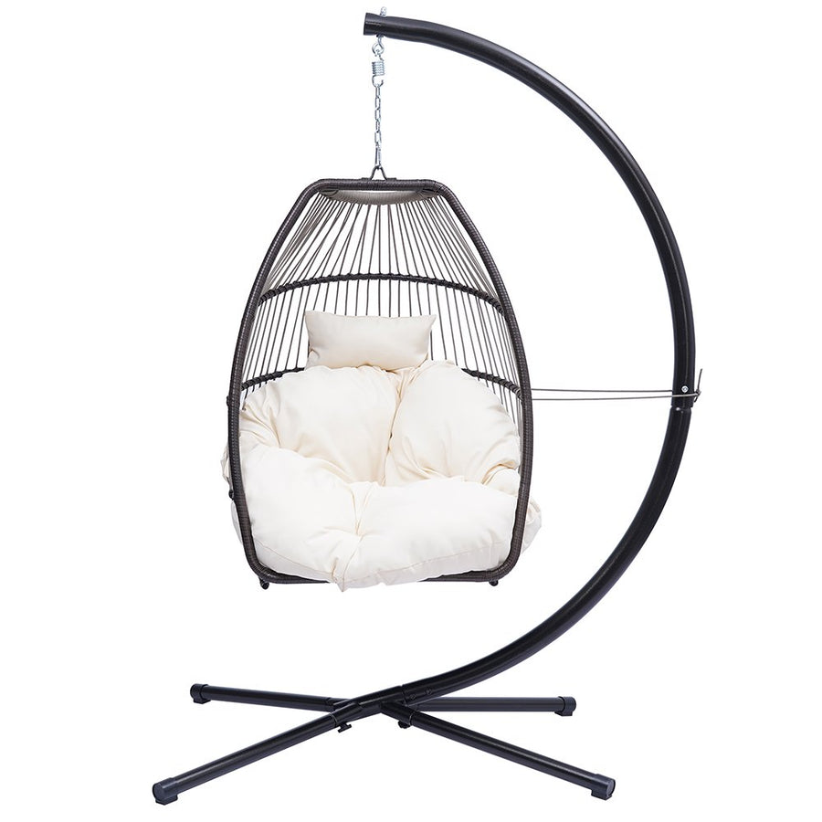 Outdoor Swinging Egg Chair, Patio Wicker Hanging Chairs with Stand, UV Resistant Hammock Chair with Comfortable Beige Cushion, Durable Indoor Swing Egg Chair for Garden, Backyard, 250lbs, L3958