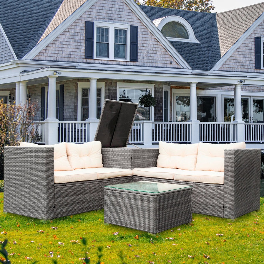 Rattan Wicker Patio Furniture, 4 Piece Outdoor Conversation Set with Storage Ottoman, All-Weather Sectional Sofa Set with Creme Cushions and Table for Backyard, Porch, Garden, Poolside,L4527