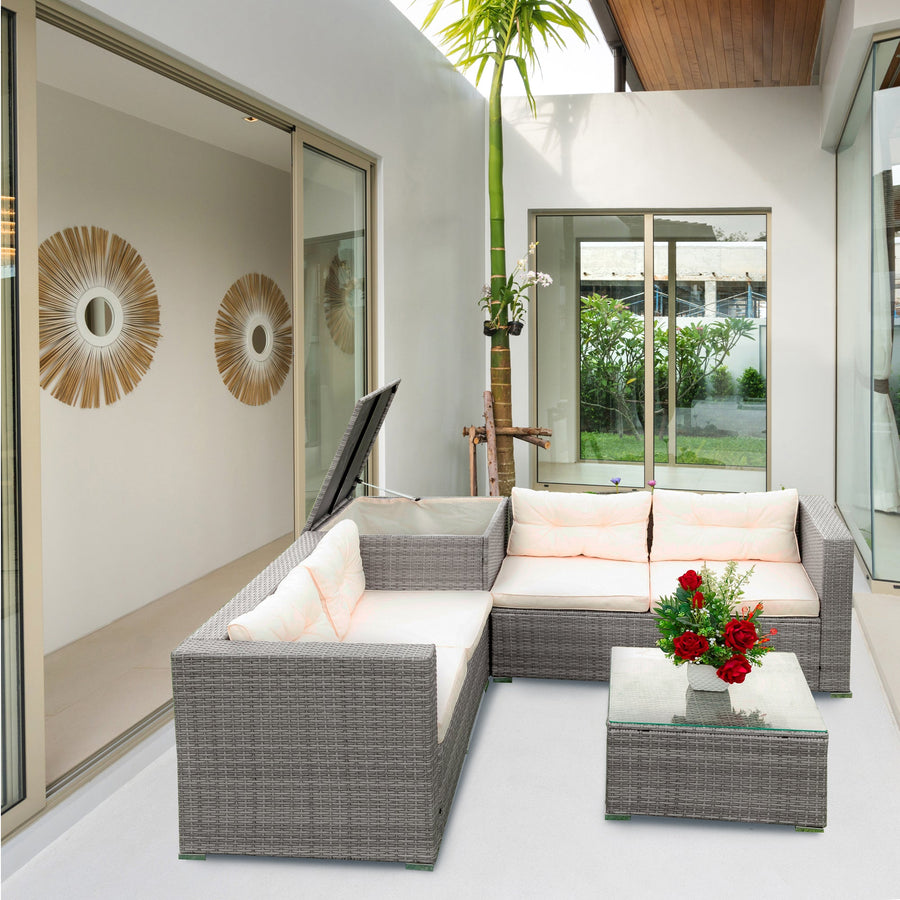 Patio Wicker Sectional Sofa Set, 4 Piece Outdoor Conversation Set with Storage Ottoman, All-Weather Wicker Patio Furniture with Creme Cushions and Table for Backyard, Porch, Garden, Poolside, L4523