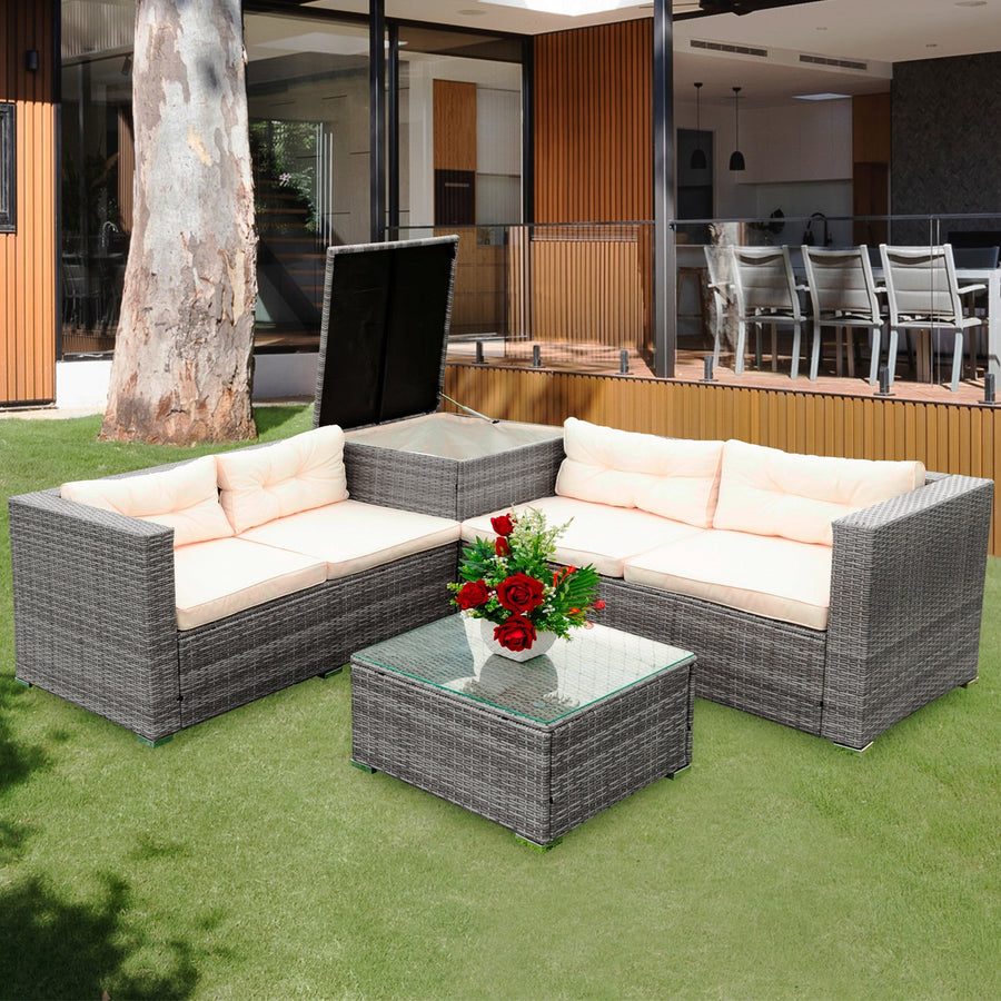 Rattan Wicker Patio Furniture, 4 Piece Outdoor Conversation Set with Storage Ottoman, All-Weather Sectional Sofa Set with Creme Cushions and Table for Backyard, Porch, Garden, Poolside,L4527