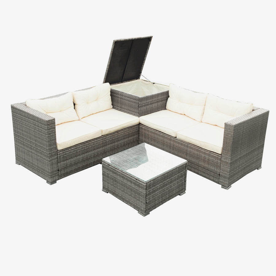 Patio Conversation Set, 4 Piece Brown Wicker Patio Furniture with Storage Ottoman, All-Weather Patio Sectional Sofa Set with Cushions and Table for Backyard, Porch, Garden, Poolside, L4525