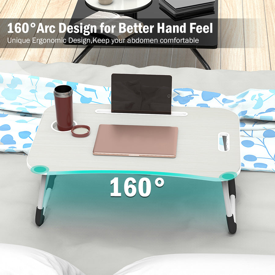 Fold Laptop Desk for Bed, Portable Laptop Bed Tray with Legs, Small Lazy Laptop Bed Tray with iPad Slots, White Laptop Table for Adults/Students/Kids, Eating Working Desk for Couch/Sofa/Floor, HJ1822
