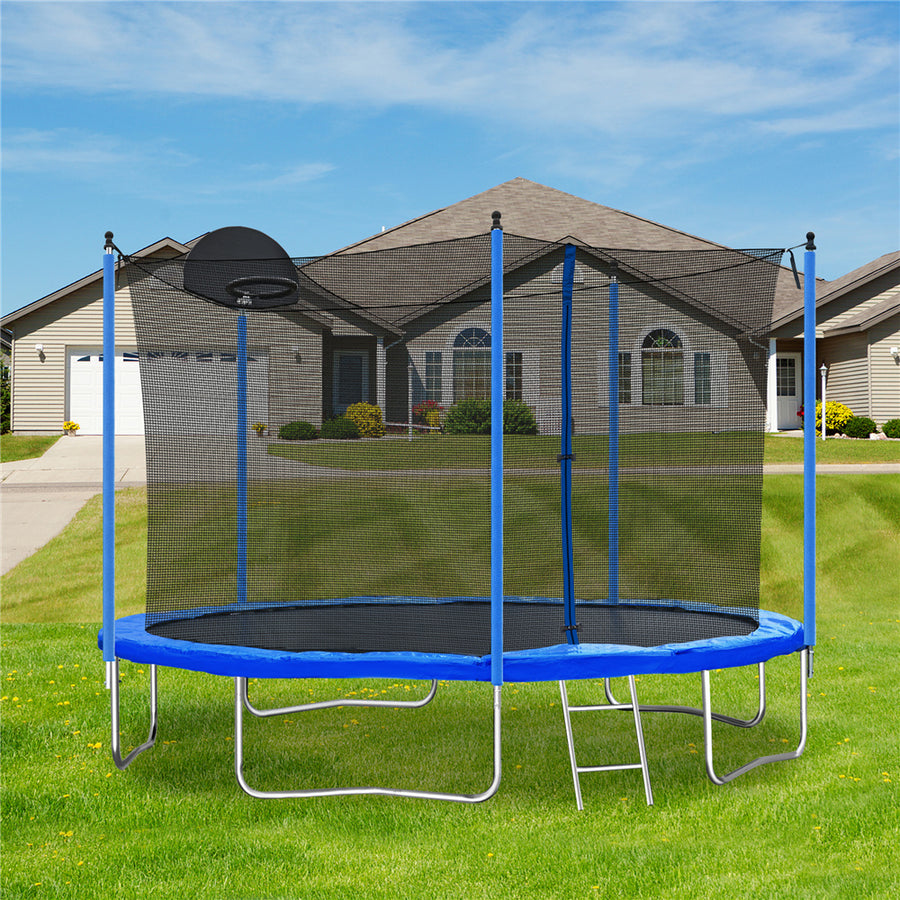 SEGMART Trampoline for Kids, New Upgraded 12 Feet Outdoor Trampoline with Enclosure Net, Basketball Hoop and Ladder, Heavy Duty Blue Round Trampoline for Outdoor Backyard, L