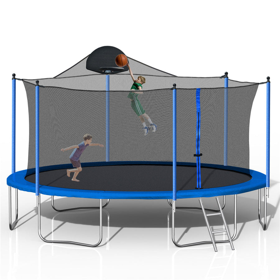 Trampoline for Kids, 14 Feet Outdoor Trampoline with Safety Enclosure Net, Basketball Hoop and Ladder, Blue Round Trampoline for Indoor or Outdoor Backyard, L3730