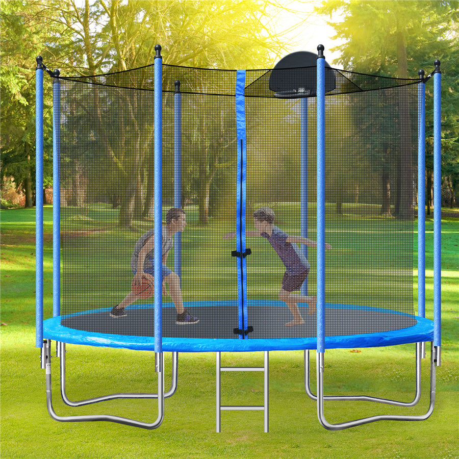 SEGMART Trampoline for Kids, New Upgraded 10 Feet Outdoor Trampoline with Enclosure Net, Basketball Hoop and Ladder, Heavy Duty Blue Round Trampoline for Outdoor Backyard, L