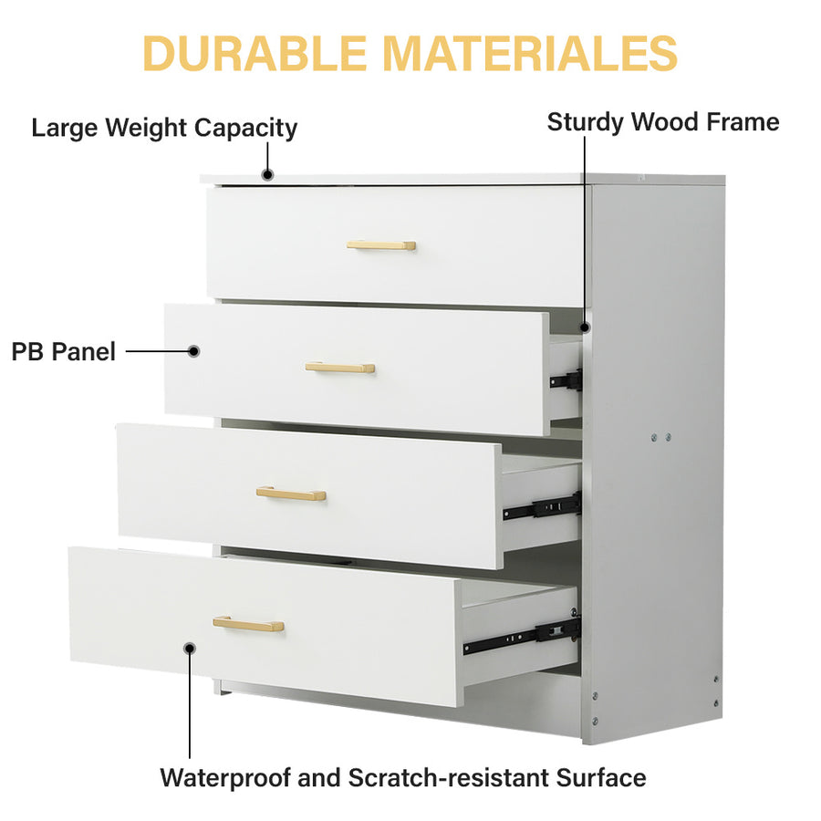 Dressers for Bedroom, Heavy Duty 4-Drawer Wood Chest of Drawers, Modern Storage Bedroom Chest for Kids Room, White Vertical Storage Cabinet for Bathroom, Closet, Entryway, Hallway, Nursery, L2028