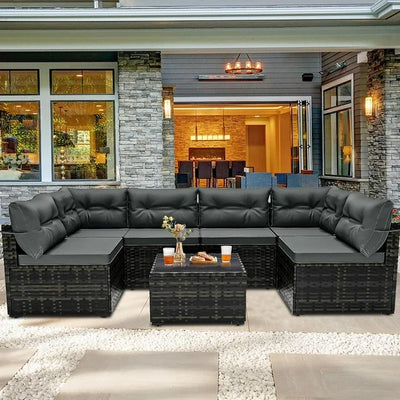 7 Piece Rattan Sectional Sofa Set, Outdoor Conversation Set, All-Weather Wicker Sectional Seating Group with Cushions & Coffee Table, Morden Furniture Couch Set for Patio Deck Garden Pool, B31