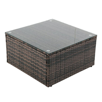 7 Piece Patio Furniture Set with 6 Rattan Wicker Chairs, Coffee Table and 2 Pillows, All-Weather Outdoor Conversation Set with Blue Cushions for Backyard, Porch, Garden, Poolside, LLL1309