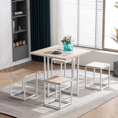 Kitchen Dining Set for Dining Room, 4-Piece Metal Wood Dine Set with 4 Stools, Industrial Rectangle Table and Chair with MDF Wood Tabletop and Sturdy Steel Frame, White, S9992