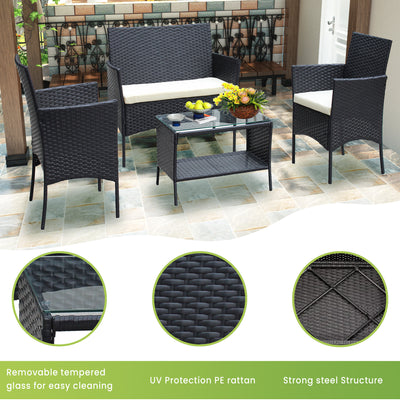 SEGMART Wicker Patio Sets, 4 Piece Outdoor Conversation Set with Glass Dining Table, Loveseat & 2 Cushioned Chairs, Modern Patio Furniture Sets for Yard, Porch, Garden, Poolside, Beige