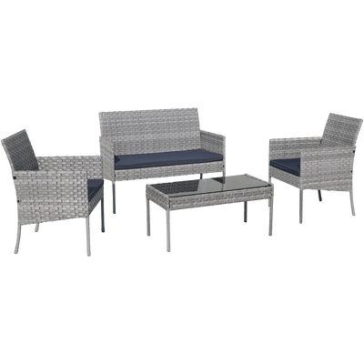 SEGMART Outdoor Patio Furniture Set, 4 Piece Modern Rattan Wicker Patio Conversation Set, Glass Top Table Cushioned Sofa Set for Yard, Pool or Backyard, Gray
