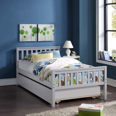 Kids Twin Bed Frame, Elegant Wood Bed Frame with Twin Trundle, Solid Wood Platform Bed with Solid Pine Wood Headboard, Wood Slat Support Mattress Foundation, 200lb Capacity, Grey, SS1289
