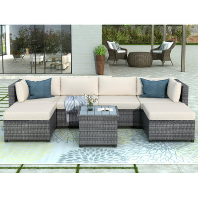 7 Piece Patio Furniture Set with 6 Rattan Wicker Chairs, Coffee Table and 2 Pillows, Outdoor Conversation Set with Beige Cushions for Backyard, Porch, Garden, Poolside, LLL4246