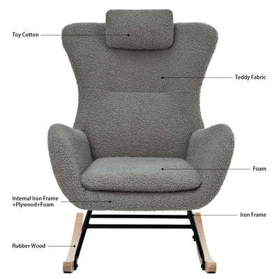 Nursery Rocking Chair, Modern Teddy Fabric Glider Chair for Mom and Baby, Accent Upholstered Rocker Glider Chair with High Backrest for Nursery Bedroom Living Room, Gray