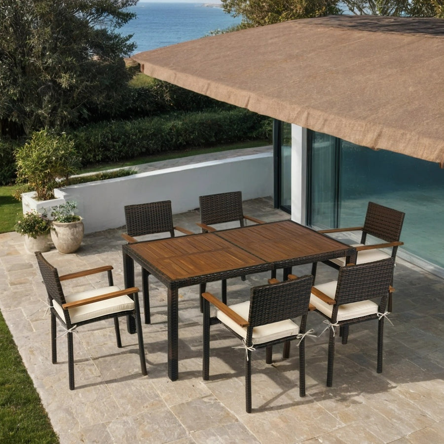 9 Piece Indoor Outdoor Wicker Dining Set Furniture, Patio Rattan Furniture Set with Wood Tabletop and Stackable Armrest Chairs, All-Weather Sectional Conversation Set with Cushions