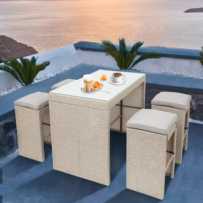 5-Piece Outdoor Patio Bar Set, Rattan Wicker Counter Height Dining Table Set, SEGMART Patio Dining Furniture set with Glass Table Top and 4 Stools for Backyard, Garden, Poolside, Brown