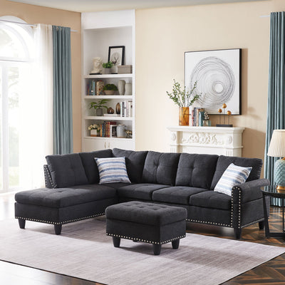 Sectional Sofa and Chaise Lounge Sets, 3-piece Sofa Beds Furniture with Storage Ottoman, 97.5'' Modern Tufted Soft Sofa and Couch with 2 Pillows and Wood Frame, 1500lbs, S1724