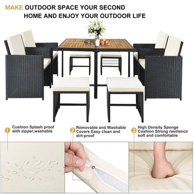 9 Piece Patio Furniture Dining Set, Outdoor Rattan Wicker Patio Dining Table Set, All-Weather Conversation Set, Cushioned Sectional Chair Set with Ottoman & Table for Deck Garden Patio Balcony