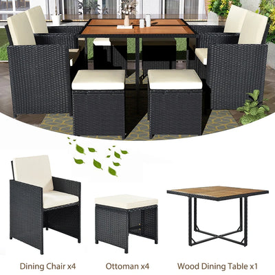 9 Piece Patio Furniture Dining Set, Outdoor Rattan Wicker Patio Dining Table Set, All-Weather Conversation Set, Cushioned Sectional Chair Set with Ottoman & Table for Deck Garden Patio Balcony